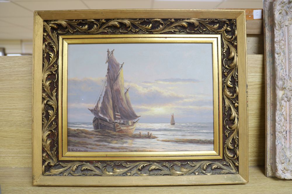 Otto Neutschmann (German, 1902-1985), oil on canvas, Fishing boats along the coast, signed, 29 x 39cm